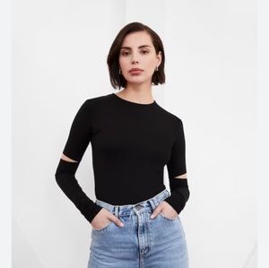 Lanston charcoal scoop neck long sleeve burnout top with elbow slits